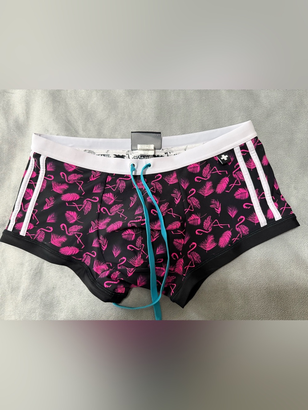 Andrew Christian Black Square Cute bathing suit with Pink Flamingo Print. Mens M